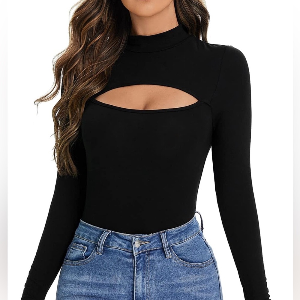 Black Women's Cut Out Front Mock Neck Long Sleeve Top Sweat T Shirt